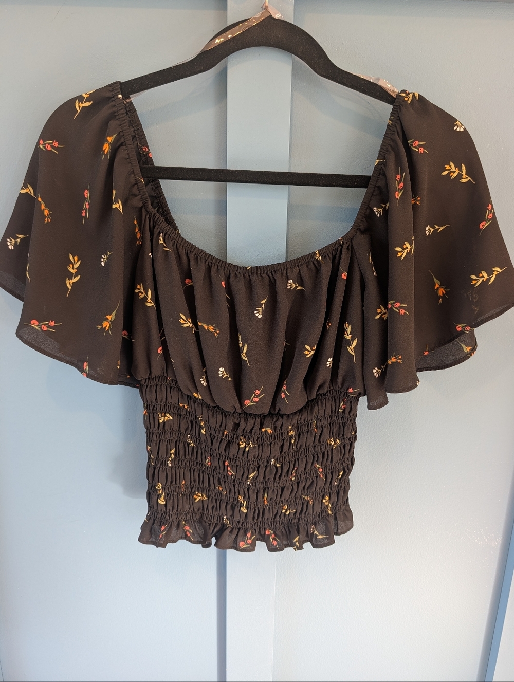 Lily White Black Floral Off-Shoulder Smocked Top